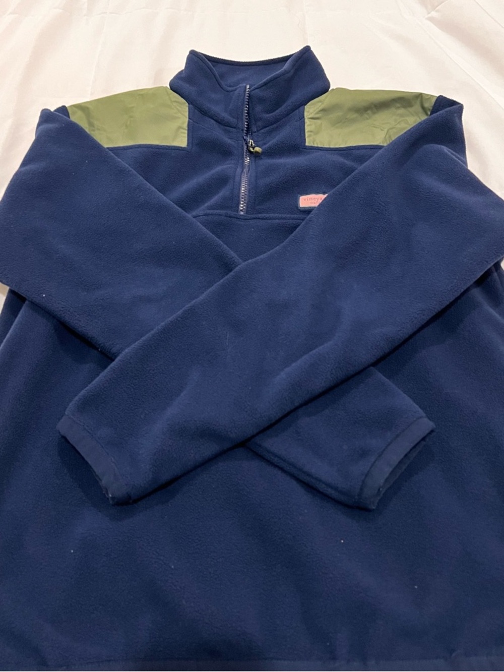 Vineyard Vines Navy Fleece Pullover with Olive Shoulder Panels